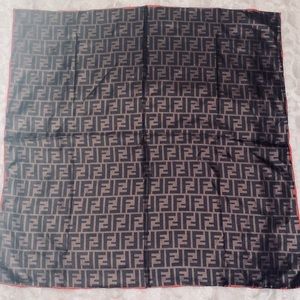 FENDI FF Zucca logo printed monogram brown red outline silk square foulard scarf